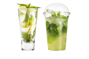 Mojito cocktail with mint and lime. Set of two mojito on a white background.