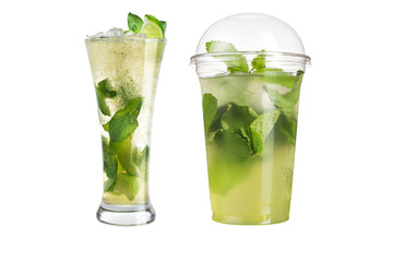 Mojito cocktail with lime and mint. Set of two mojito on a white background.