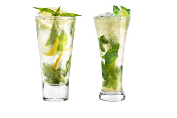 Mojito cocktail with lime and mint. Set of two mojito in glass goblets on a white background.