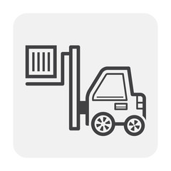 Forklift vector icon. May called fork or lift truck. Elevator machine equipment or vehicle for industry at storage, port, warehouse and factory by lift up, raise and delivery cargo. Editable stroke.