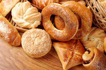 Bakery products on wooden table