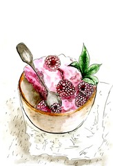  Yogurt with raspberries and mint leaves. Painted in watercolor.