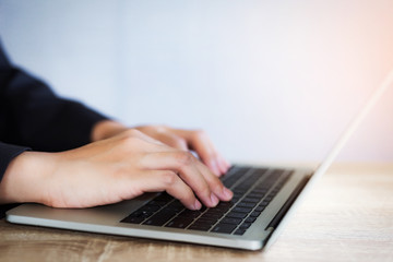 Closeup of business woman working for new project with laptop at sunny office.