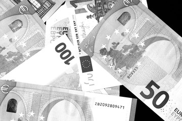 One Hundred and Fifty euro banknotes close up in black and white style