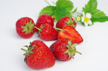 Ripe strawberries with leaves and flowers on white, close-up