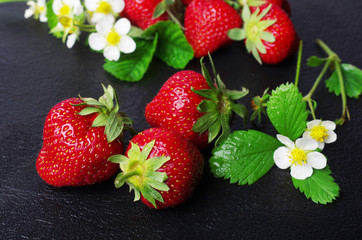Ripe strawberries on a dark, close-up
