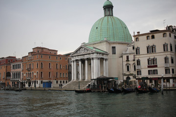 Fototapeta na wymiar Chiesa di San simeon Piccolo ponte degli scalzi, Christian Church attractive ancient green dome building, one of wonderful place for day trip boat Ferry terminal at Grand Canal Venice, Italy