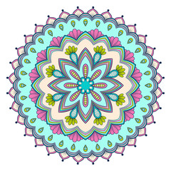Decorative colorful ethnic mandala pattern. Design element for greeting card, banner or poster in oriental style. Hand drawn illustration