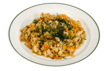 VegetVegetarian menu. Braised cabbage with carrots on white platearian menu. Braised cabbage with carrots on white plate. Studio Photo