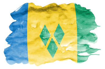 Saint Vincent and the Grenadines flag  is depicted in liquid watercolor style isolated on white...