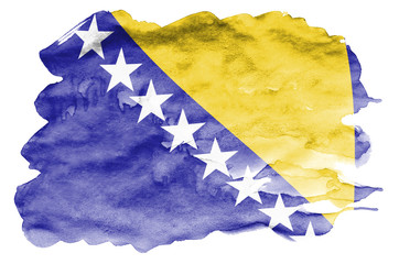Bosnia and Herzegovina flag  is depicted in liquid watercolor style isolated on white background