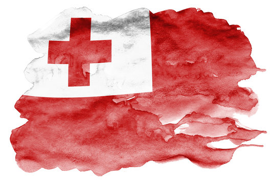 Tonga flag  is depicted in liquid watercolor style isolated on white background