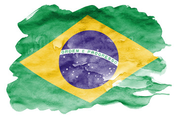 Brazil flag  is depicted in liquid watercolor style isolated on white background