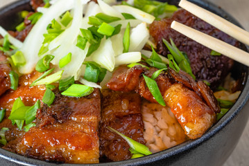 Rice bowl and fried pork belly, close-up - a traditional asian dish: chinese, japanese and korean.