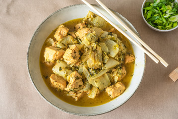 Chicken with Chinese cabbage in a large bowl and chopsticks - Japanese dish