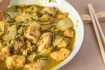 Chicken with Chinese cabbage in a large bowl and chopsticks - Japanese dish