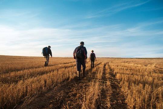 Three people trekking in field 