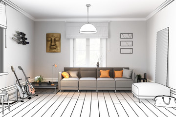 Sofa im Wohnzimmer (Planung) - 3d Illustration