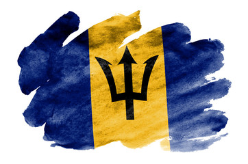 Barbados flag  is depicted in liquid watercolor style isolated on white background