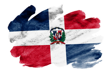 Dominican Republic flag  is depicted in liquid watercolor style isolated on white background - obrazy, fototapety, plakaty