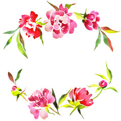 Watercolor floral wreath made of peonies Isolated on white. 