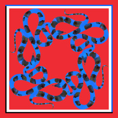 Silk scarf with snakes. Watecelor fauna illustration isolated on red background. Blue, black and white border. Card, bandana print, kerchief design, napkin.