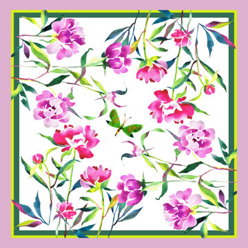 Silk scarf with watecelor peony and butterfly. Pink, red, green and white. Card, bandana print, kerchief design, napkin.
