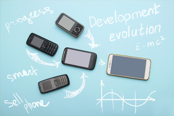 evolution of cell phones. Technology development telephone and pda concept. Vintage and new phones. Top view. Telephone communication progress, mobile classic device . charts, arrows, text around