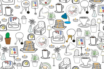Seamless vector background of household items stylized as hand-drawing.