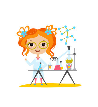 Youngest scientist. Baby kid doing chemistry experiments. Holding flask and test tube in hands. Flat style vector cartoon illustration