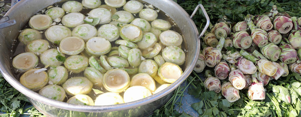 artichokes bottoms in the tub prepared by the greengrocer for sa