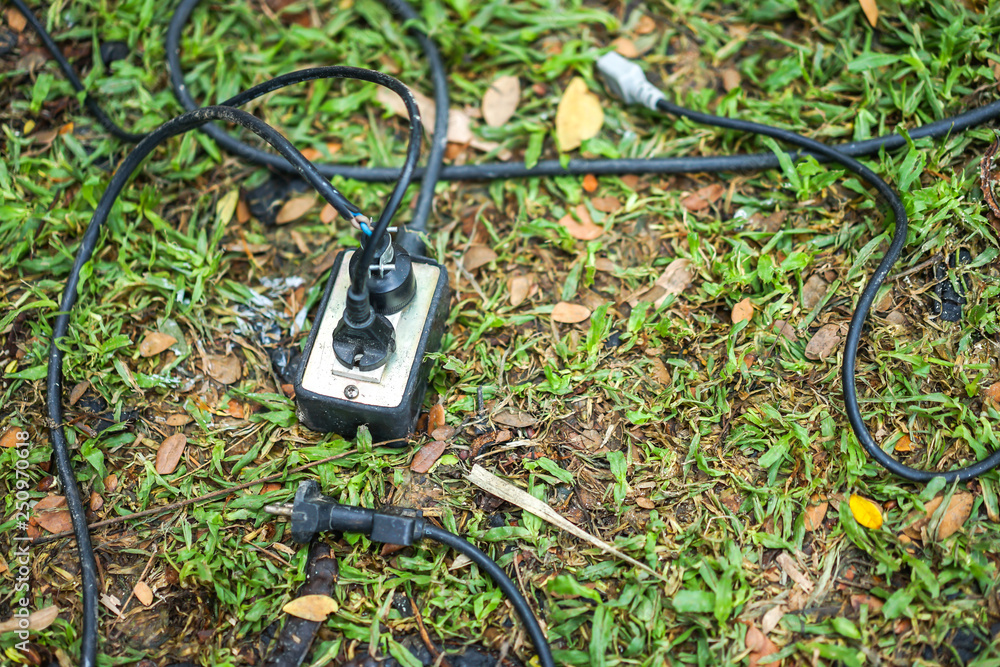 Wall mural socket, plug and electric black cable on the grass in the garden.