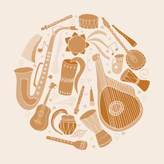 Set of hand drawn traditional Slavic, Ukrainian musical instruments in circle. Reed pipe, kobza, buhay, sopilka, bandura, pan flute etc. © Kate Antonenko