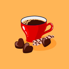 Mug full of coffee with chocolate. Flat vector postcard.