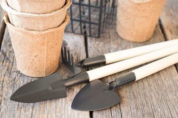 peat cups and seedling tools. gardening concept