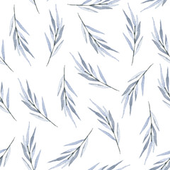 Watercolor seamless pattern of blue leaves