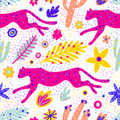Seamless pattern with leopards and tropical leaves. 