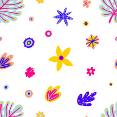 Seamless pattern with tropical leaves and flowers. 