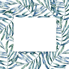 Fototapeta na wymiar Watercolor tropical palm leaves background. Watercolor illustration. White frame greeting card, invite, celebration, wedding, spa