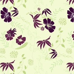 Seamless floral pattern. Vector background with flowers and leaves. Hand drawn style