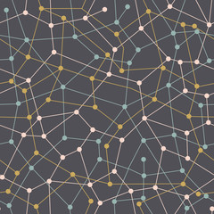 Abstract geometric seamless pattern with lines and dots on the grey background.