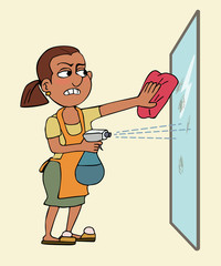 angry woman housekeeper cleaning glass