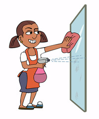 happy woman housekeeper cleaning glass