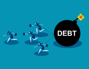 Business team run away from debt. Concept business vector, Bomb, Loan, Teamwork.