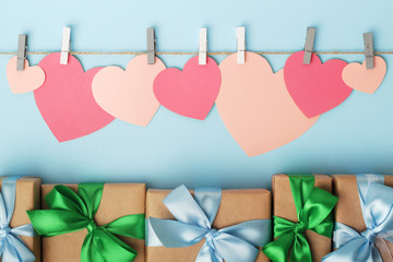 Hearts and wrapped gifts composition for Mother's day or Women's day decoration