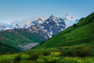 Caucasus mountains landscape. Snowy mountain summits in Svaneti, Georgia