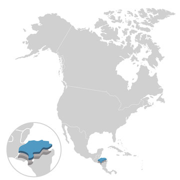Vector illustration of Honduras in blue on the grey model of North America map with zooming replica of country