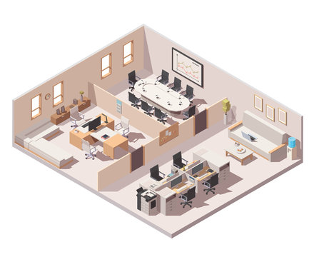 Vector isometric corporate office interior. CEO office, conference room and cubicle workplace with computers