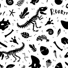 Dinosaur skeleton and fossils. Seamless pattern. Original design with t-rex, dinosaur bones, stones, traces, plants and eggs. Print for T-shirts, textiles, web. White background. © brandianna