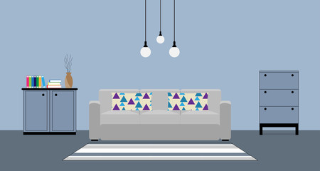 Flat design of living room interior with sofa, pillows, lockers, book, flower vase and carpet, vector illustration
